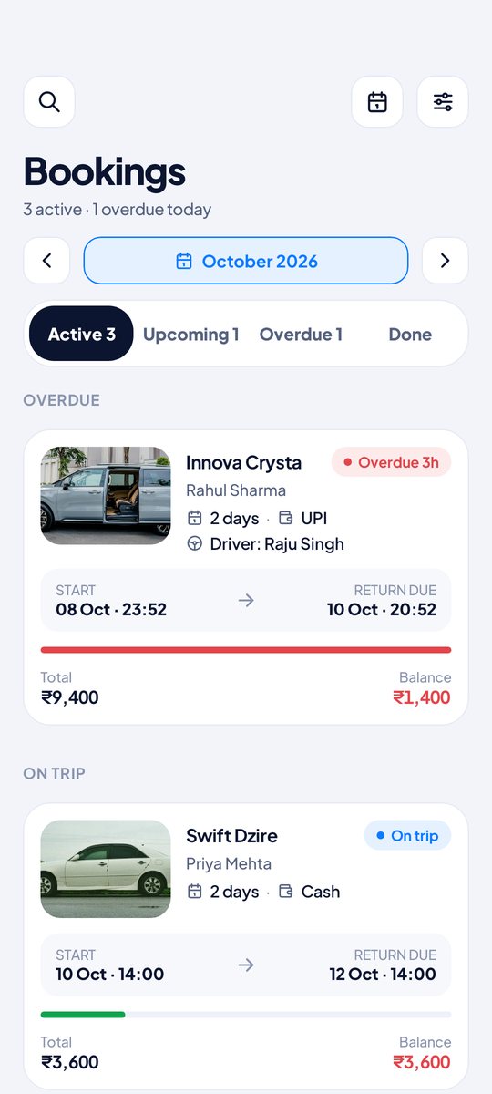Bookings list in Motozy Car